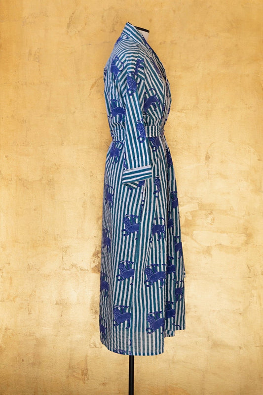 Anthologist Hand-Blocked Robe, Petroleum Stripe with Midnight Blue Chimera