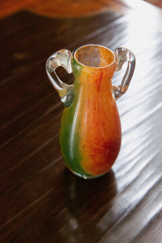 Blown Glass Amphora Vase, Green and Orange Slim