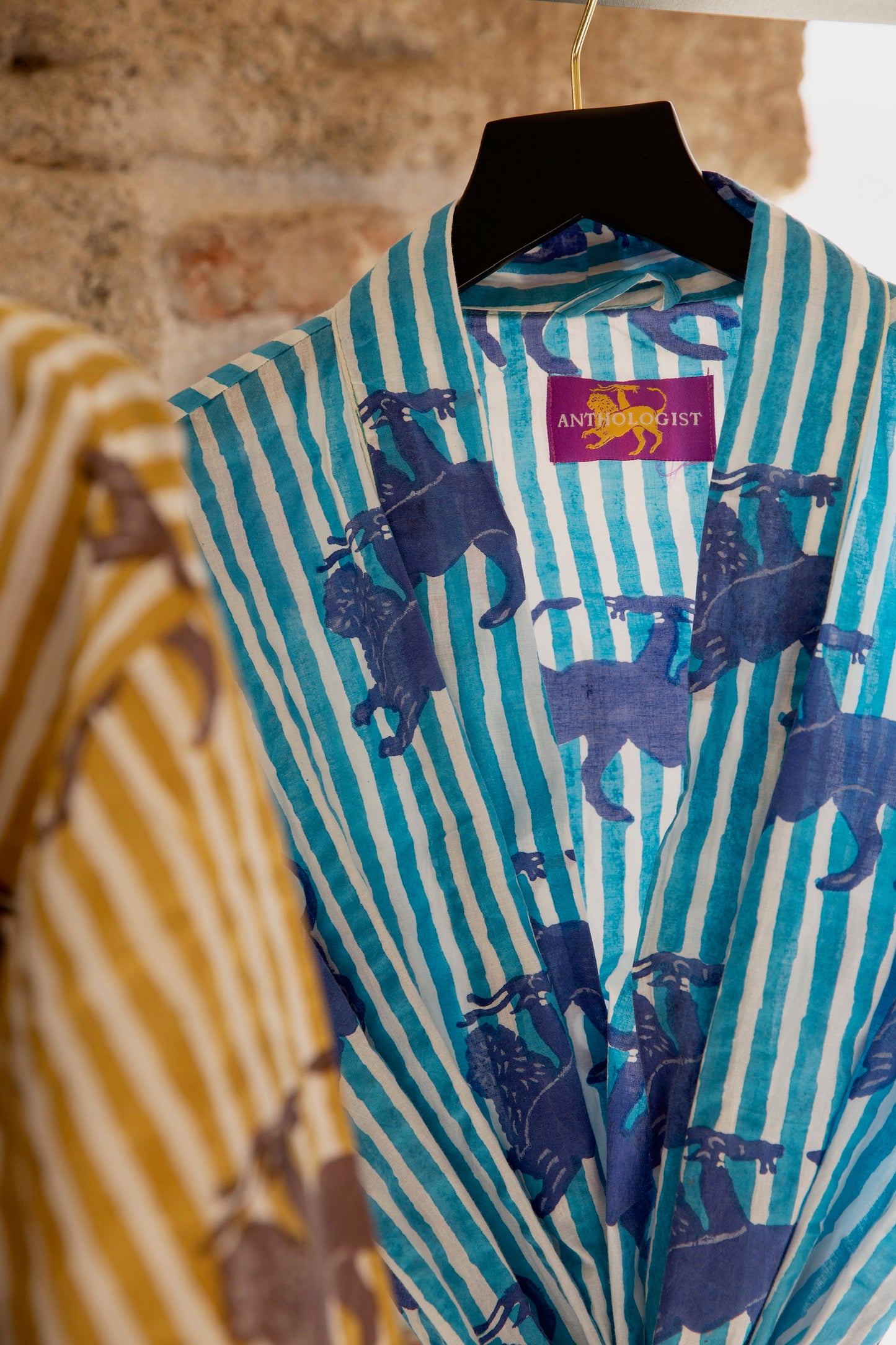 Anthologist Hand-Blocked Robe, Aegean Blue Stripe with Midnight Blue Chimera