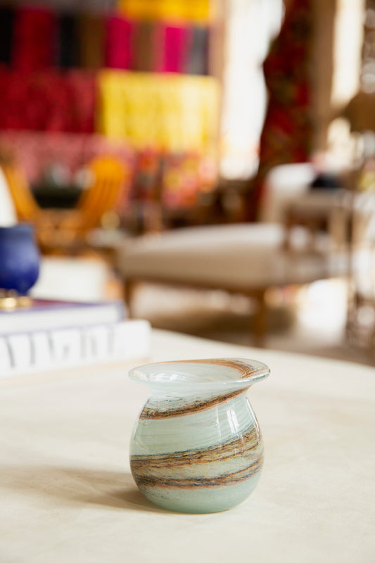 Blown Glass Round Vase, White and Brown