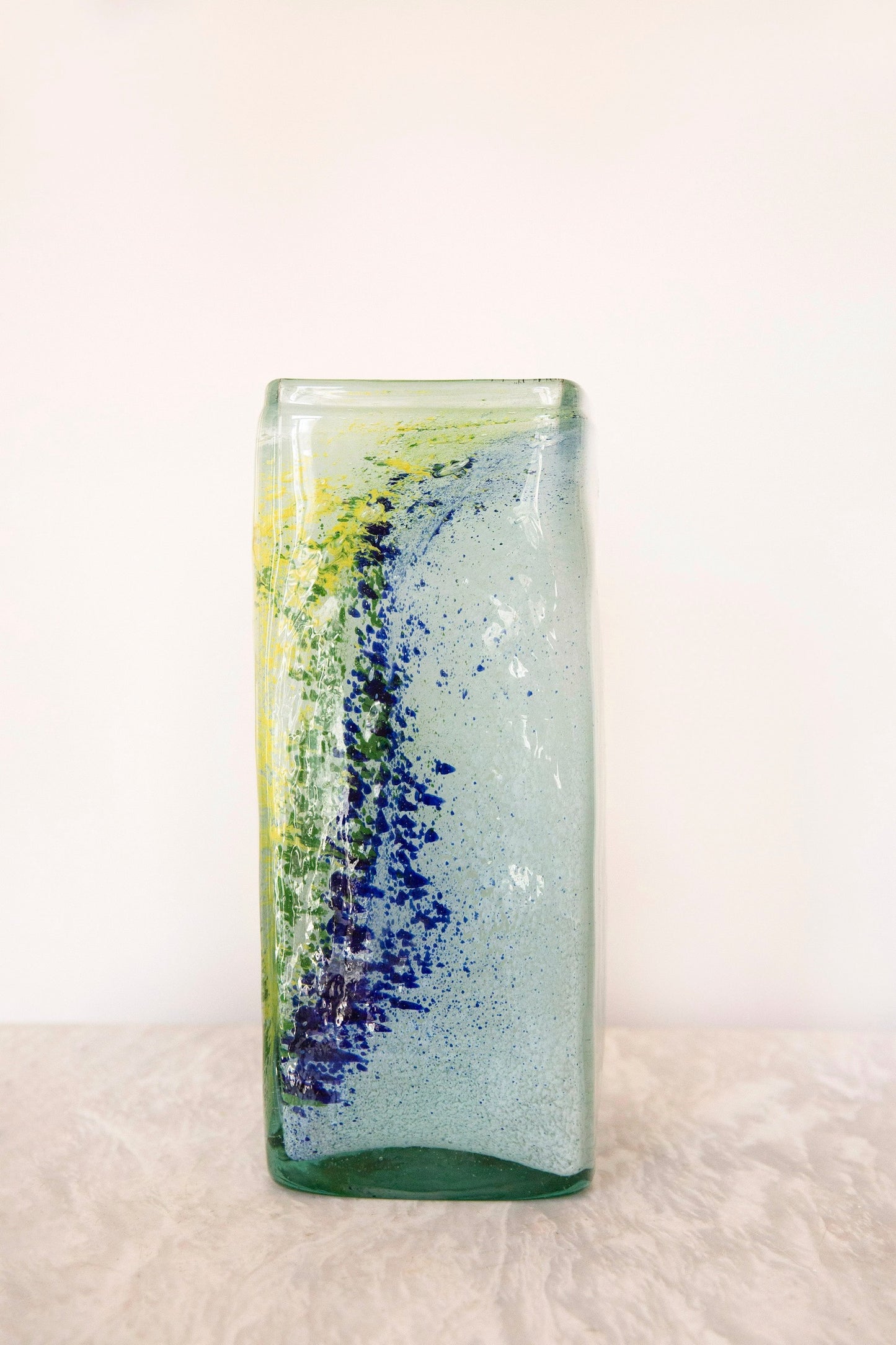 Blown Glass Tall Rectangular Vase, Green, Blue and White, Large