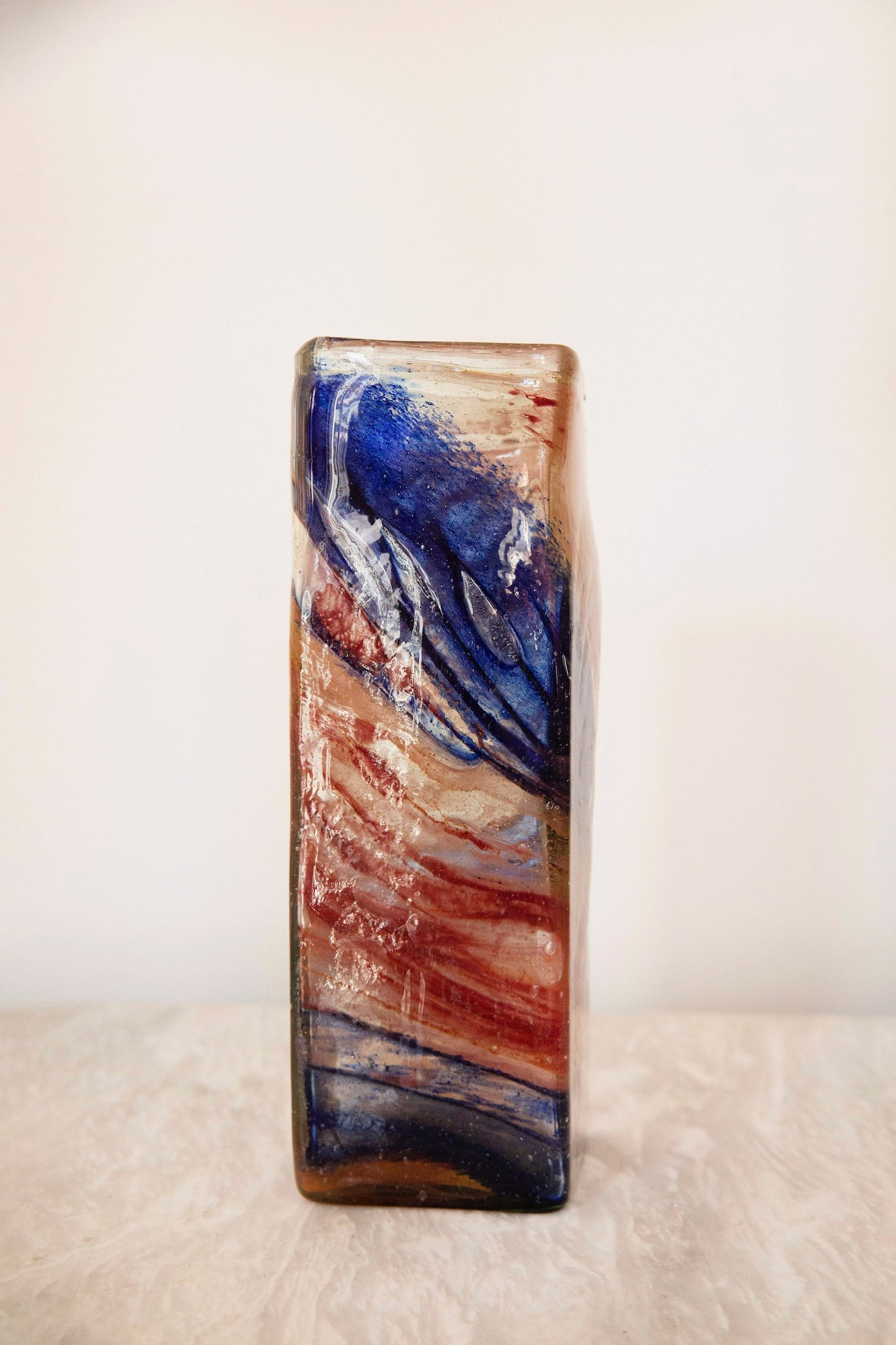 Blown Glass Tall Rectangular Vase, Blue and Coral, Large