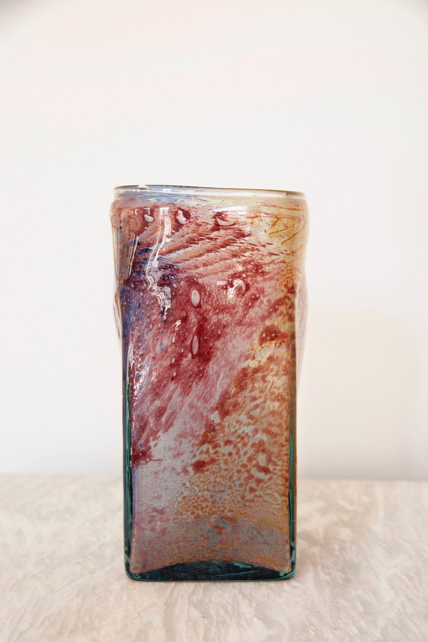 Blown Glass Tall Rectangular Vase, Amber and Coral, Large