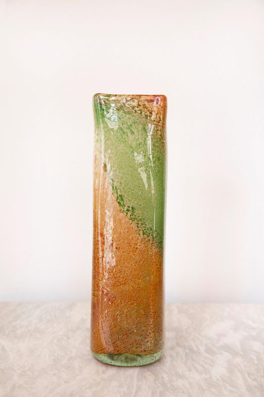 Blown Glass Tall Rectangular Vase, Amber and Green