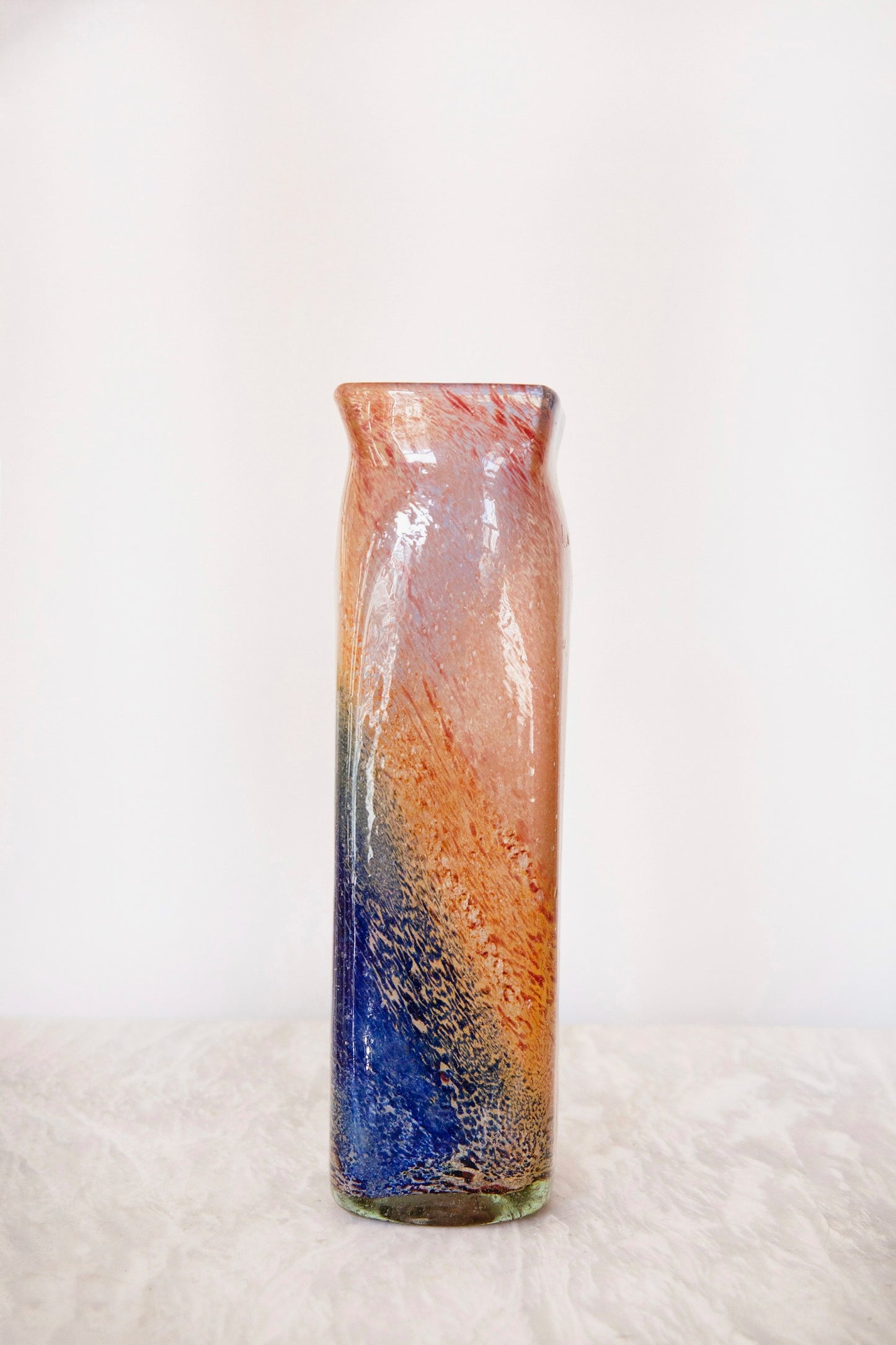 Blown Glass Tall Rectangular Vase, Amber and Blue, Small