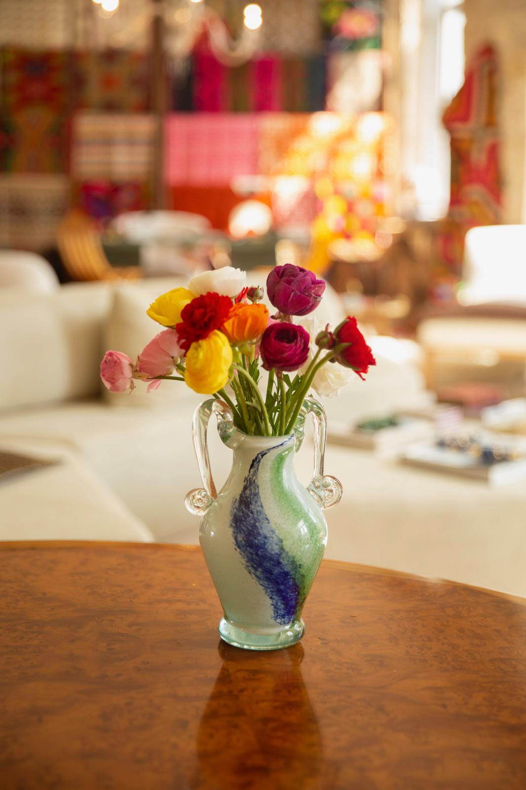 Blown Glass Amphora Vase, White, Blue and Green, Medium