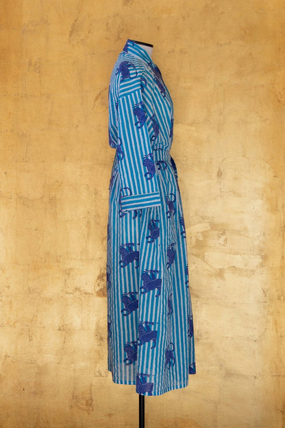 Anthologist Hand-Blocked Robe, Aegean Blue Stripe with Midnight Blue Chimera