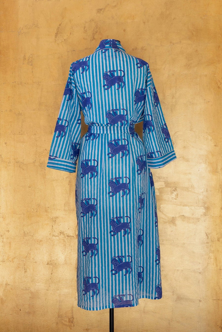 Anthologist Hand-Blocked Robe, Aegean Blue Stripe with Midnight Blue Chimera