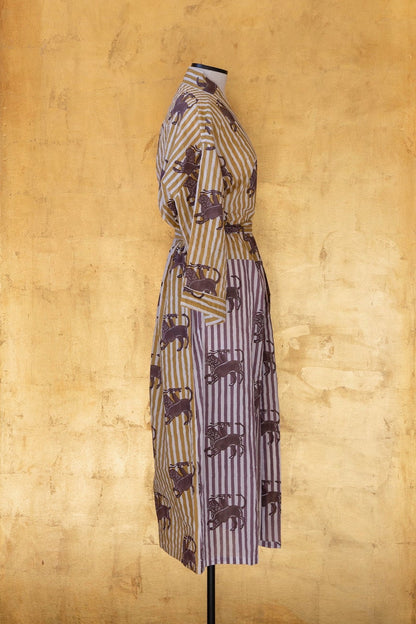 Anthologist Hand-Blocked Robe, Fig and Ochre Stripe with Date Chimera
