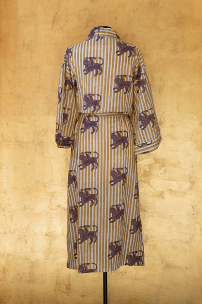 Anthologist Hand-Blocked Robe, Fig and Ochre Stripe with Date Chimera