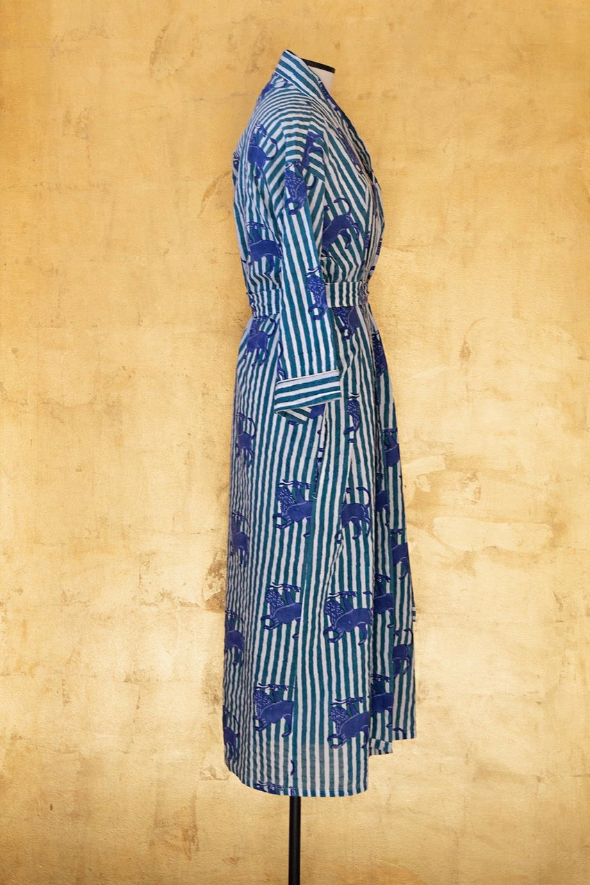 Anthologist Hand-Blocked Robe, Petroleum Stripe with Midnight Blue Chimera