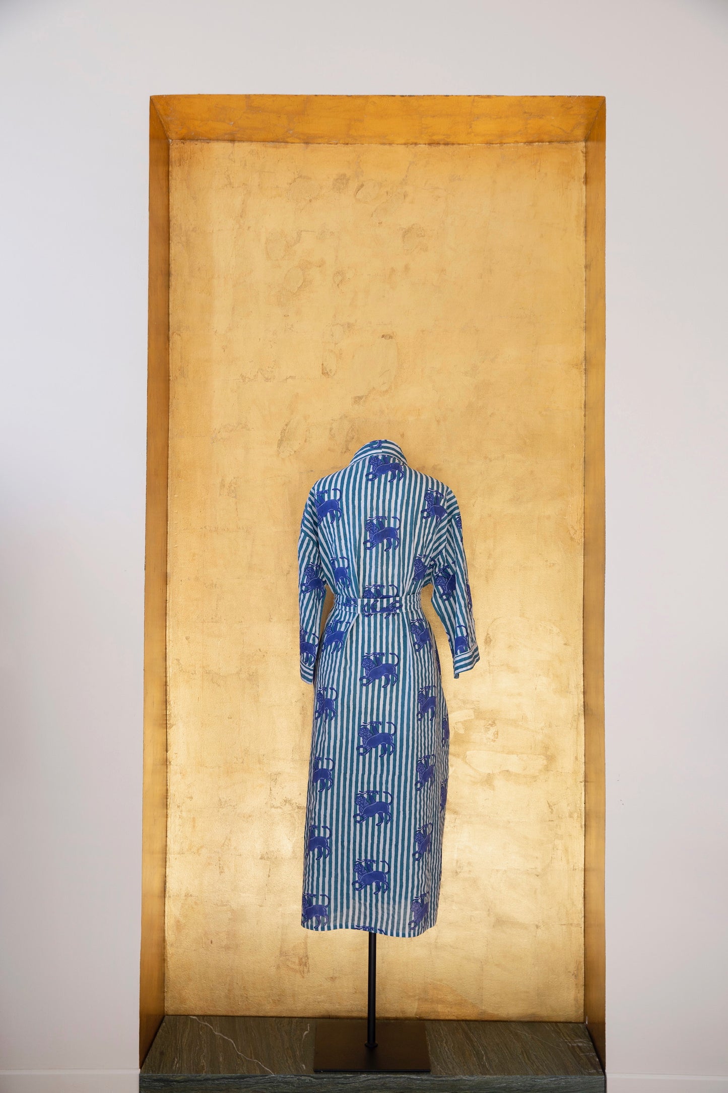 Anthologist Hand-Blocked Robe, Petroleum Stripe with Midnight Blue Chimera