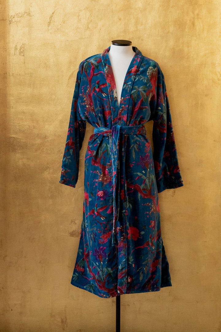 Anthologist x East Winds Velvet Robe, Petroleum Tropical Print
