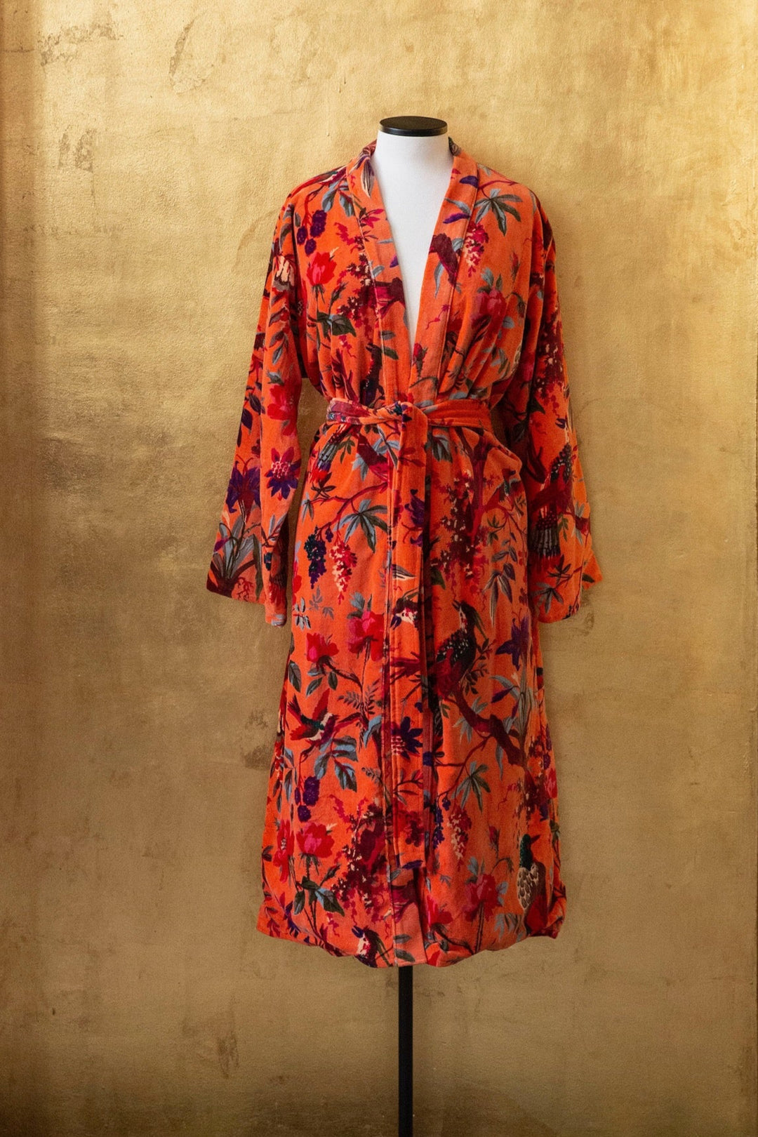 Anthologist x East Winds Velvet Robe, Orange Tropical Print