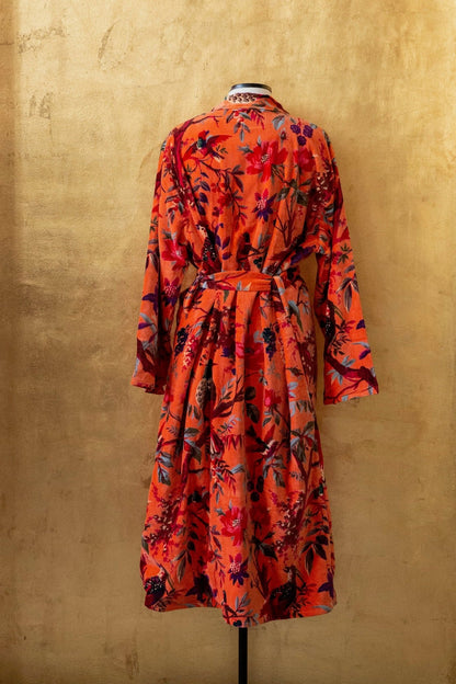 Anthologist x East Winds Velvet Robe, Orange Tropical Print