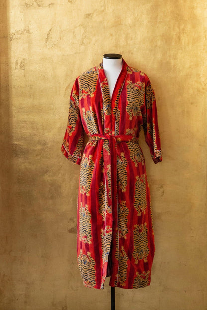 Anthologist x East Winds Velvet Robe, Red Stripe, Tiger Print