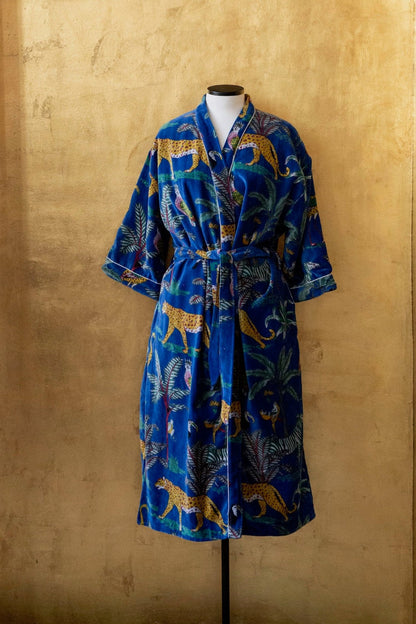 Anthologist x East Winds Velvet Robe, Blue Stripe, Tiger Print