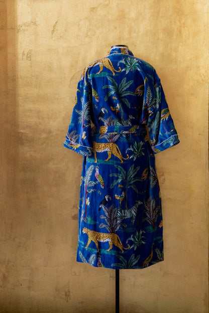 Anthologist x East Winds Velvet Robe, Blue Stripe, Tiger Print