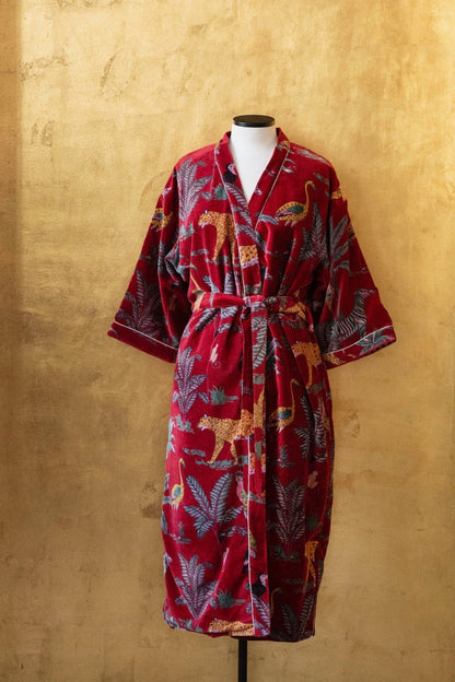 Anthologist x East Winds Velvet Robe, Bordeaux, Animals Print