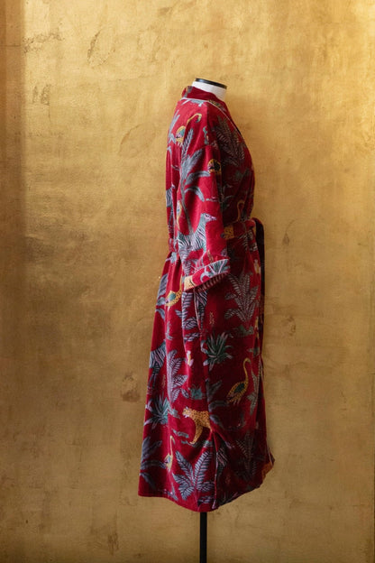 Anthologist x East Winds Velvet Robe, Bordeaux, Animals Print