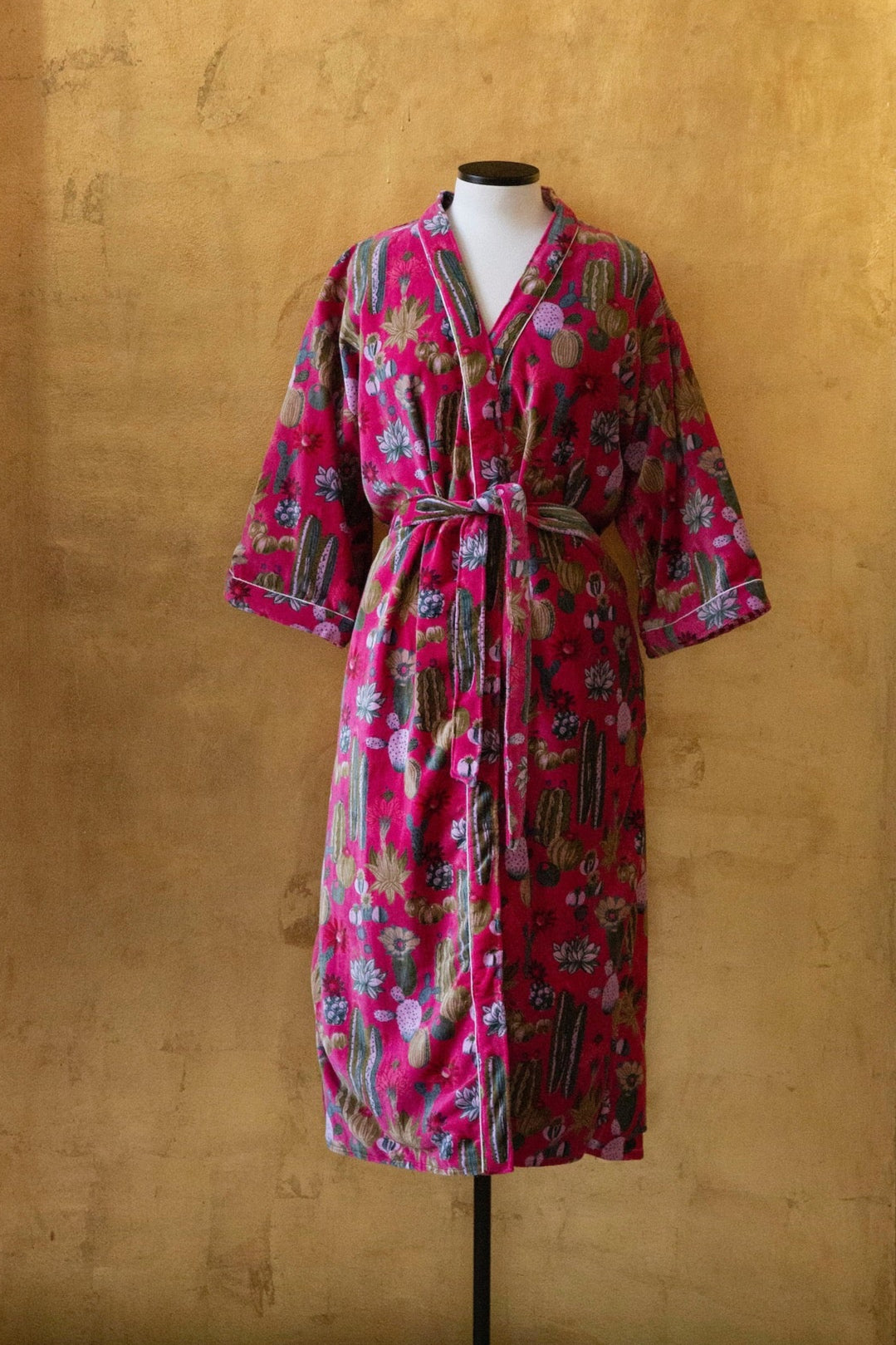 Anthologist x East Winds Velvet Robe, Hot Pink, Cactus Print