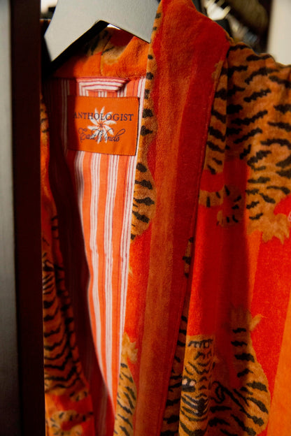 Anthologist x East Winds Velvet Robe, Orange Stripe, Tiger Print