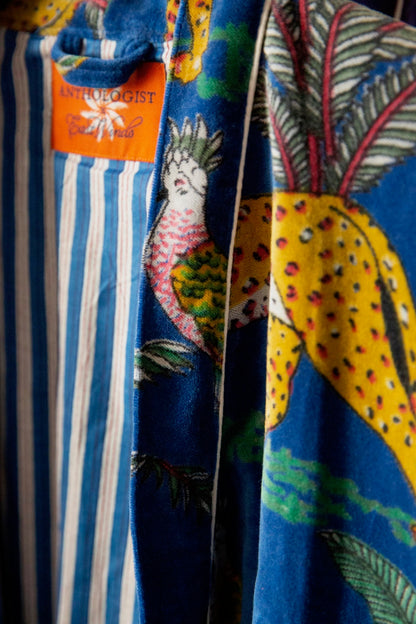 Anthologist x East Winds Velvet Robe, Blue Stripe, Tiger Print