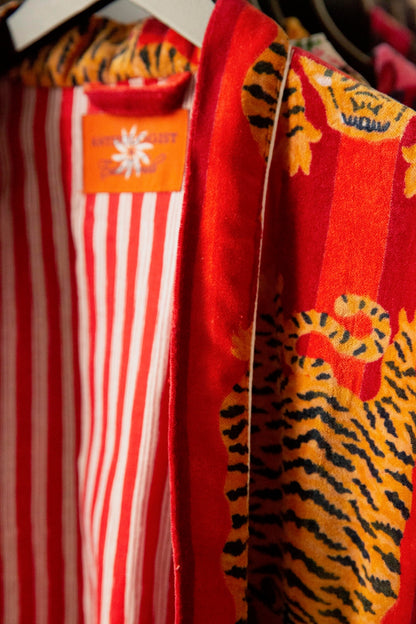 Anthologist x East Winds Velvet Robe, Red Stripe, Tiger Print