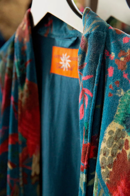 Anthologist x East Winds Velvet Robe, Petroleum Tropical Print