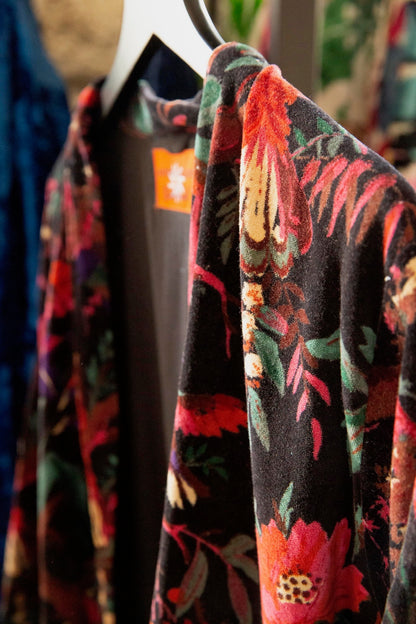 Anthologist x East Winds Velvet Robe, Black, Tropical Print