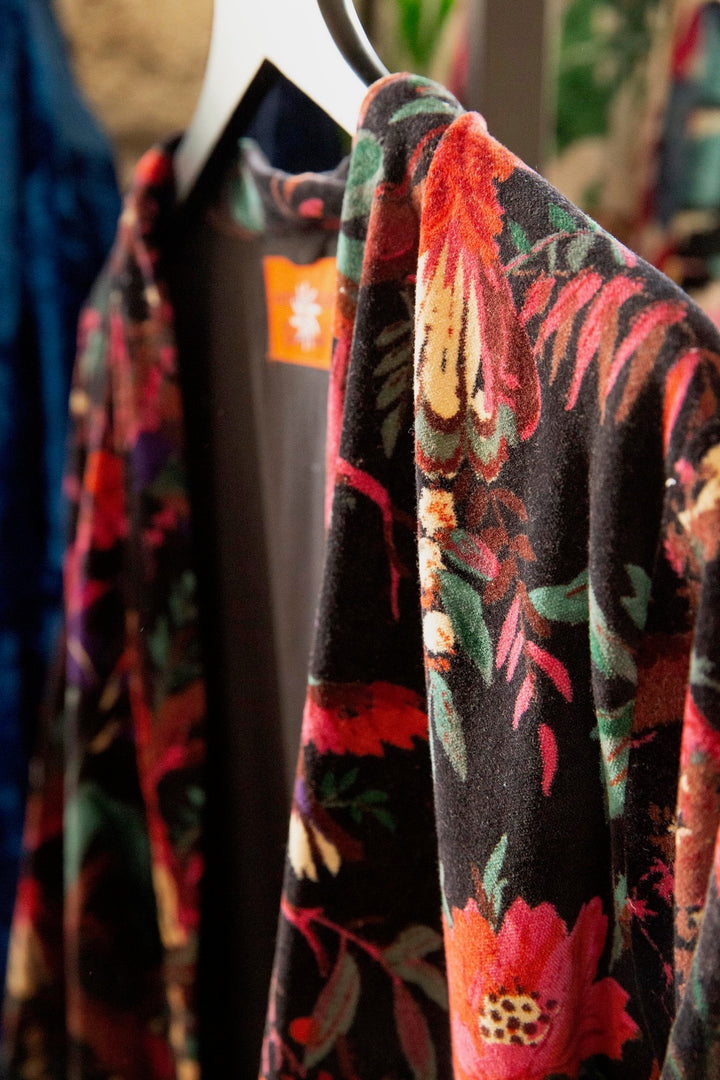 Anthologist x East Winds Velvet Robe, Black, Tropical Print