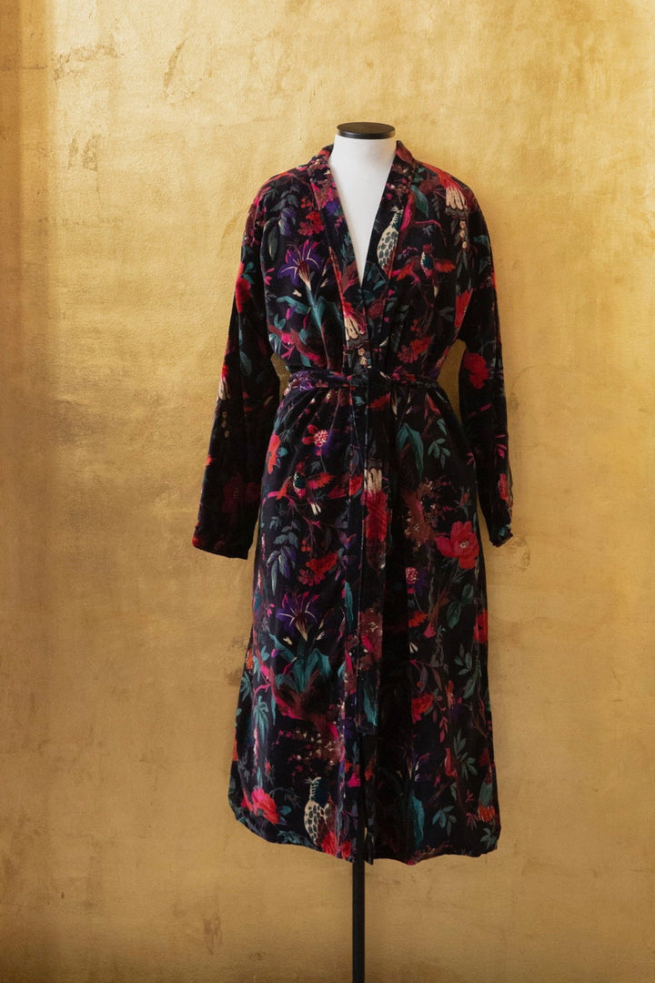 Anthologist x East Winds Velvet Robe, Black, Tropical Print