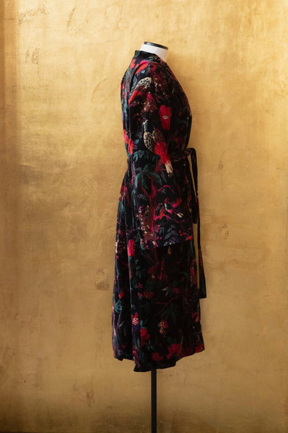 Anthologist x East Winds Velvet Robe, Black, Tropical Print