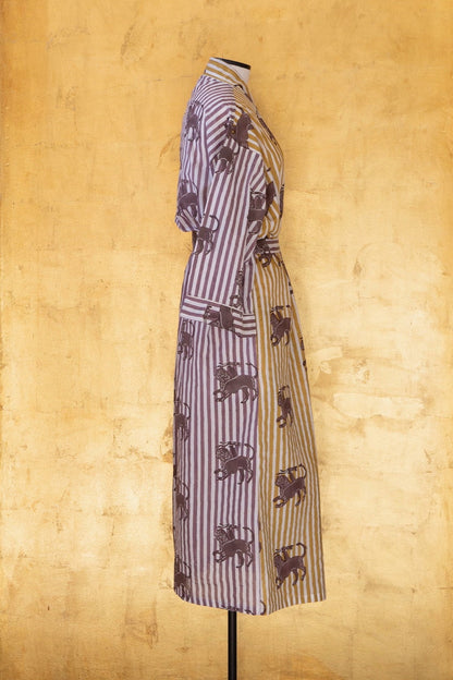 Anthologist Hand-Blocked Robe, Fig and Ochre Stripe with Date Chimera