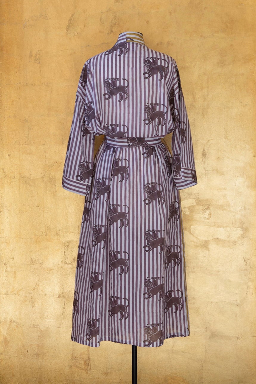Anthologist Hand-Blocked Robe, Fig and Ochre Stripe with Date Chimera