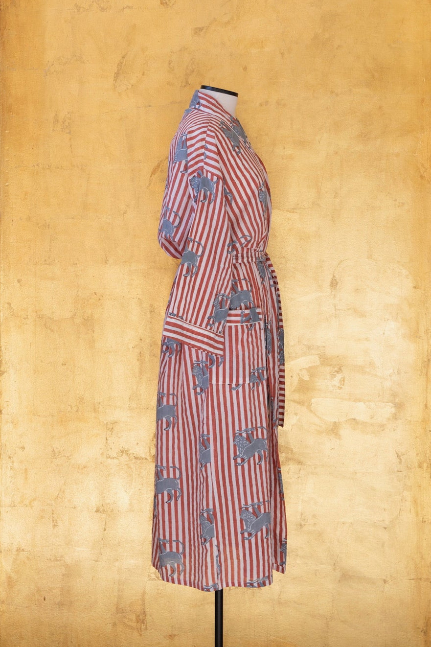 Anthologist Hand-Blocked Robe, Rust with Cycladic Blue Chimera