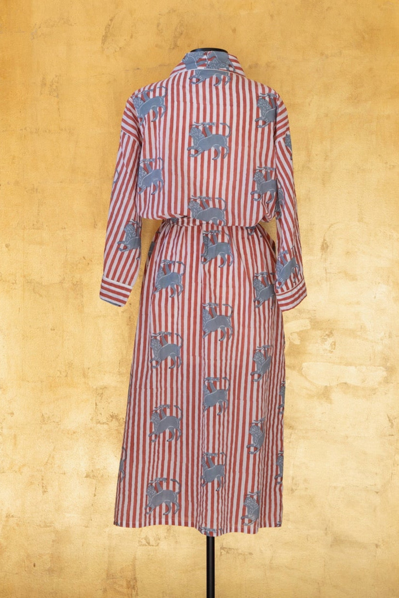 Anthologist Hand-Blocked Robe, Rust with Cycladic Blue Chimera