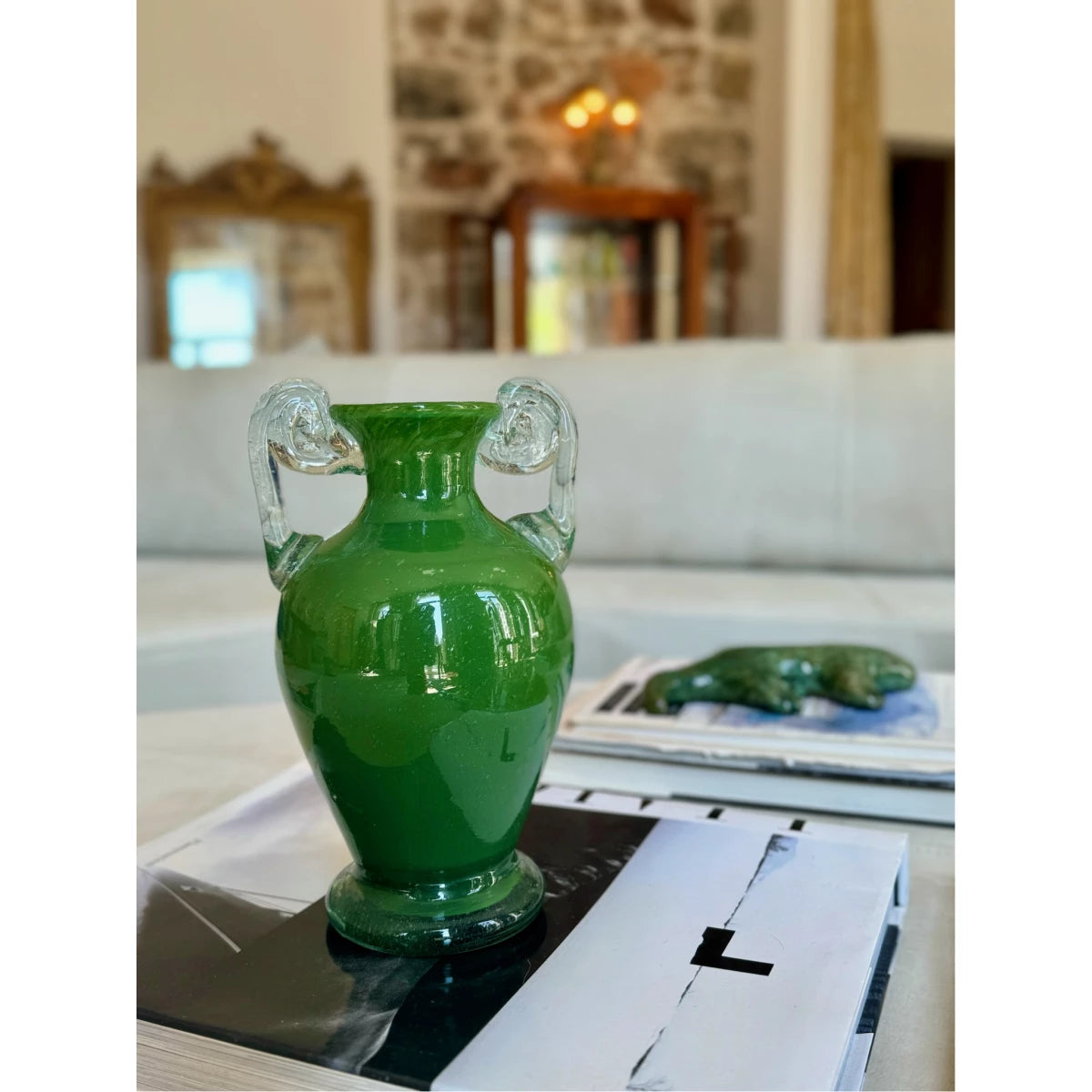 Blown Glass Amphora Vase, Green