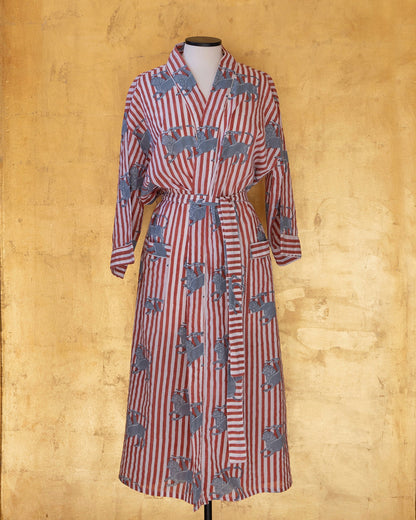 Anthologist Hand-Blocked Robe, Rust with Cycladic Blue Chimera