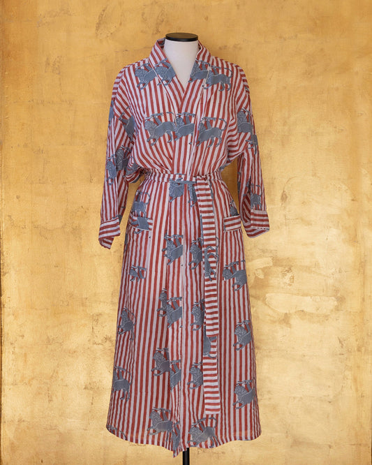 Anthologist Hand-Blocked Robe, Rust with Cycladic Blue Chimera