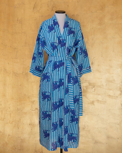 Anthologist Hand-Blocked Robe, Aegean Blue Stripe with Midnight Blue Chimera