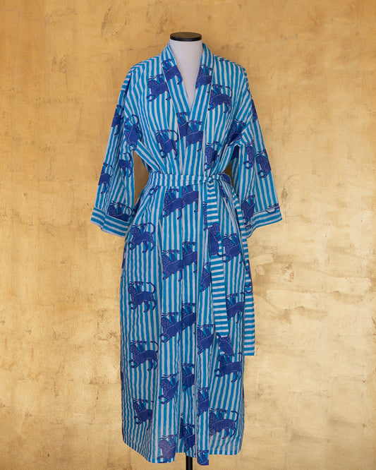 Anthologist Hand-Blocked Robe, Aegean Blue Stripe with Midnight Blue Chimera