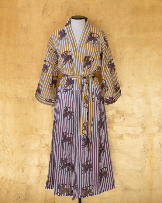 Anthologist Hand-Blocked Robe, Fig and Ochre Stripe with Date Chimera