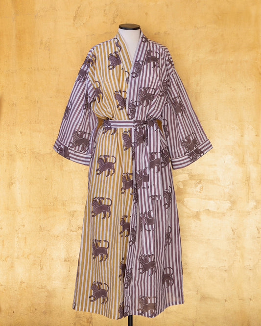 Anthologist Hand-Blocked Robe, Fig and Ochre Stripe with Date Chimera