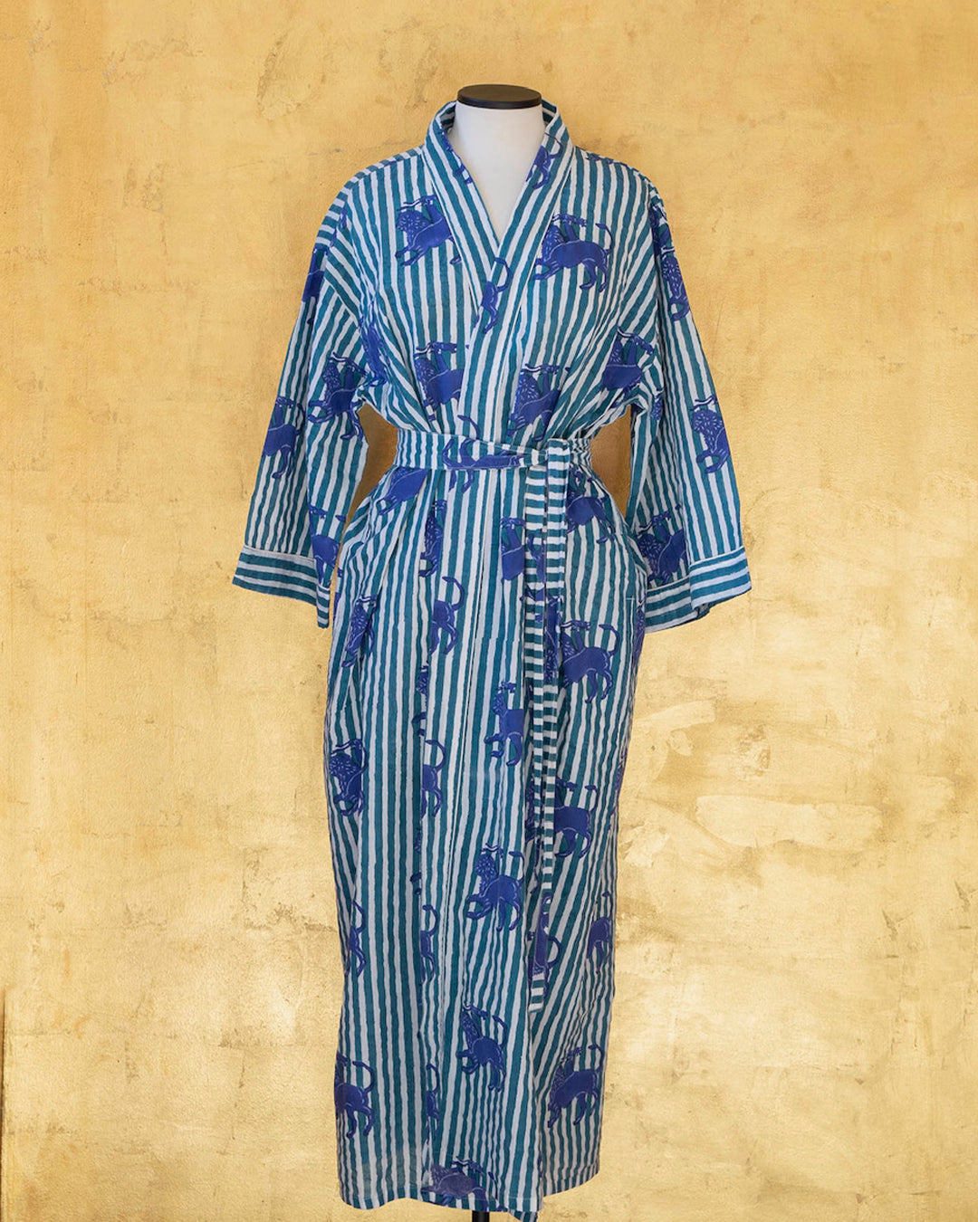 Anthologist Hand-Blocked Robe, Petroleum Stripe with Midnight Blue Chimera