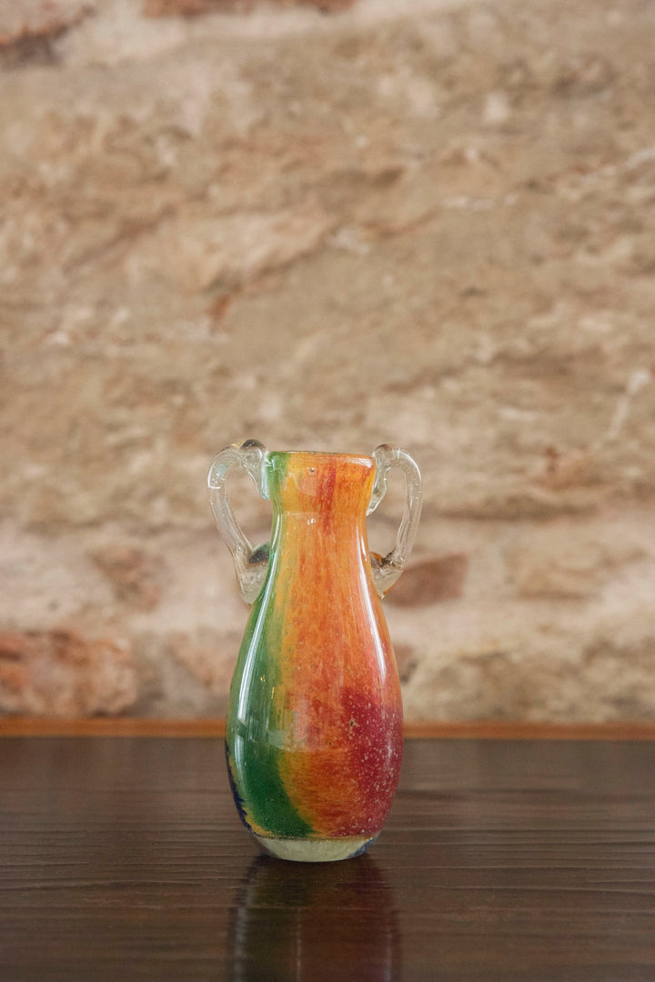 Blown Glass Amphora Vase, Blue, Green and Orange Slim