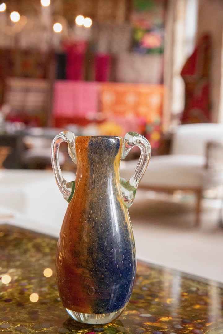 Blown Glass Amphora Vase, Blue, Green and Orange Slim
