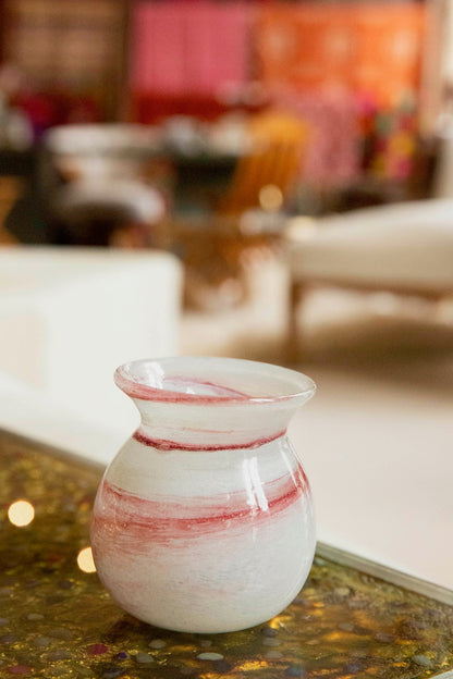 Blown Glass Round Vase, White and Amber