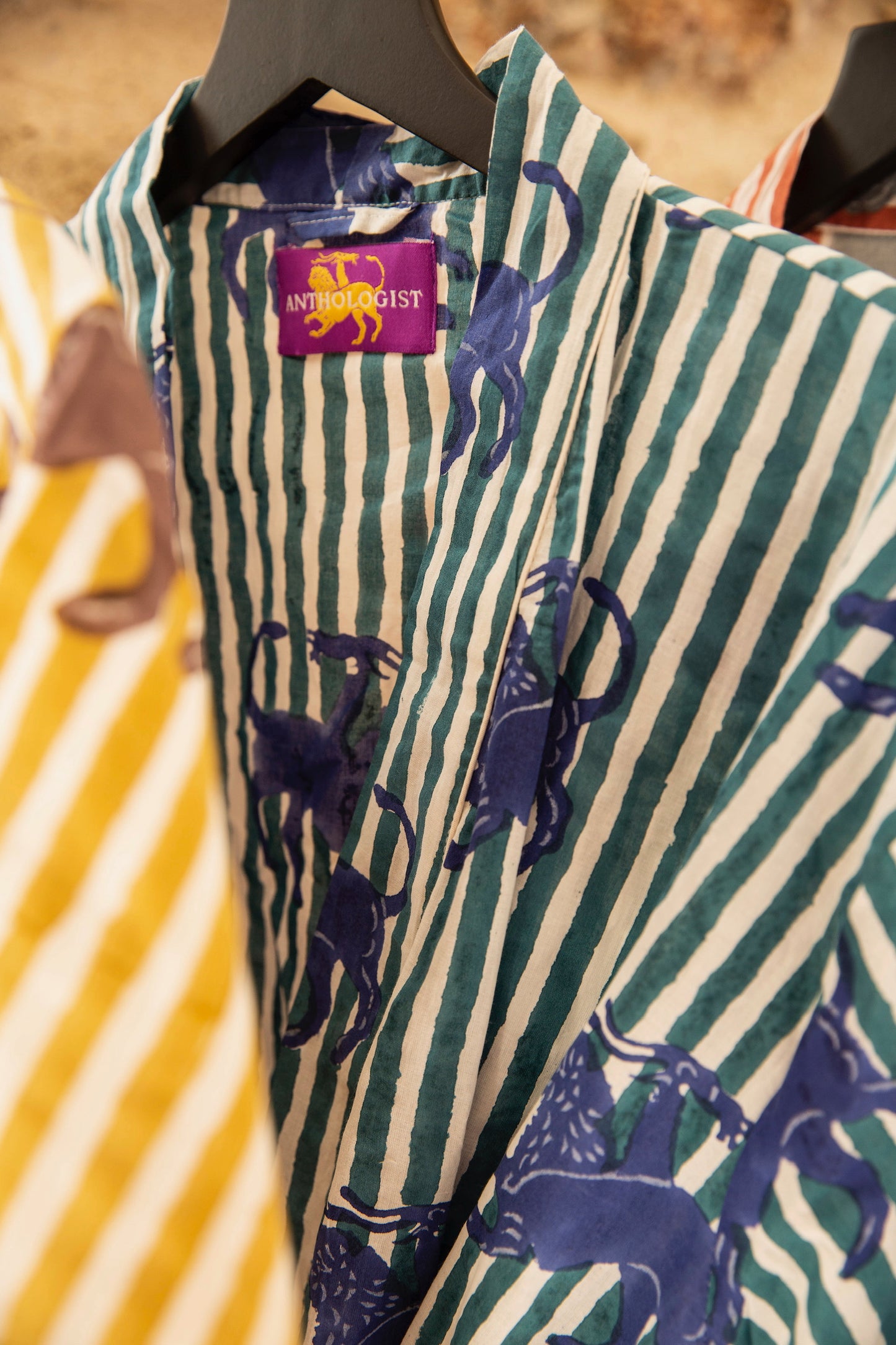 Anthologist Hand-Blocked Robe, Petroleum Stripe with Midnight Blue Chimera