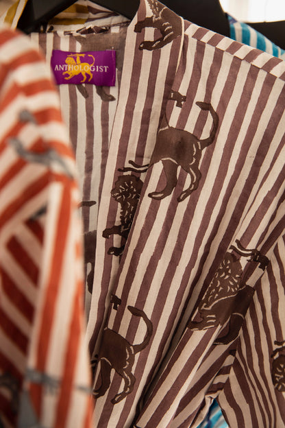 Anthologist Hand-Blocked Robe, Fig and Ochre Stripe with Date Chimera